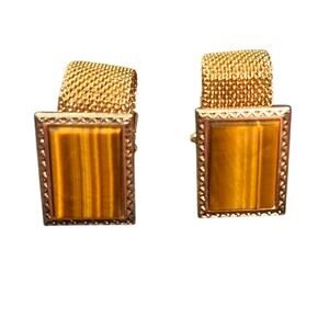 Vintage Anson Tiger’s Eye Gold Tone Mesh Cufflinks Retro Men’s Jewelry